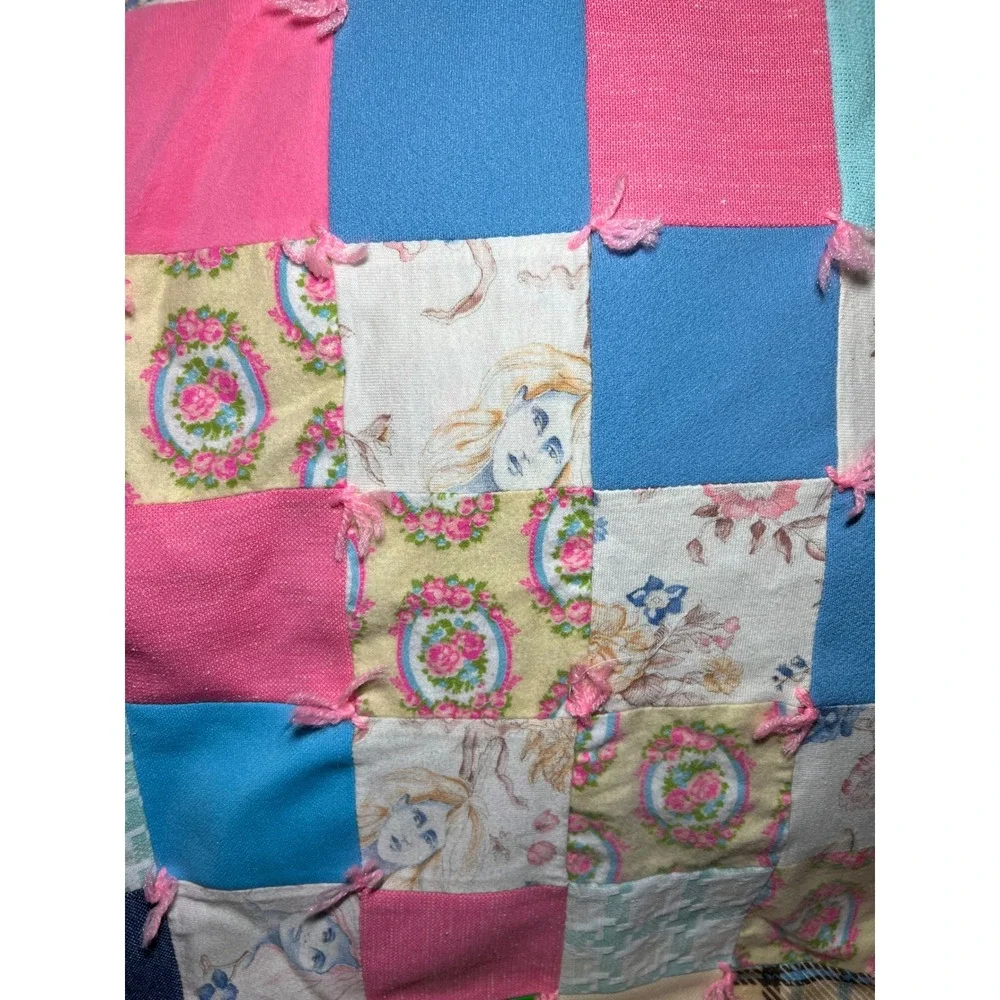VTG 70s Handmade Patchwork Tie Quilt Floral Plaid Multi Color Cottagecore Throw